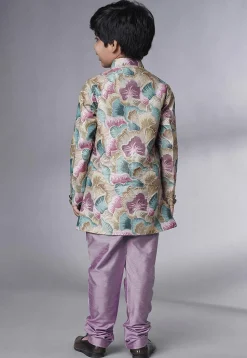 Digital Printed Dupion Silk Sherwani Set in Multicolor