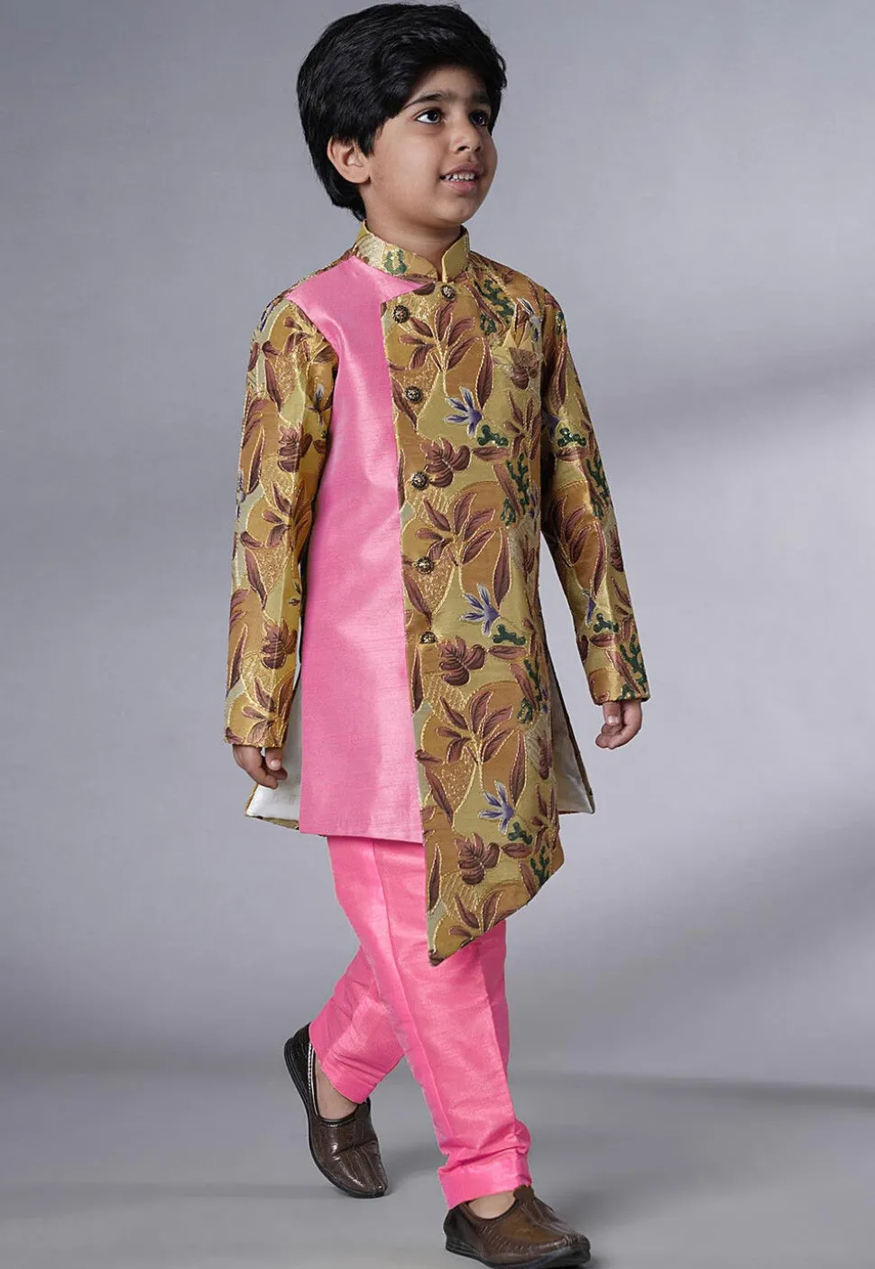 Digital Printed Dupion Silk Sherwani Set in Beige and Pink