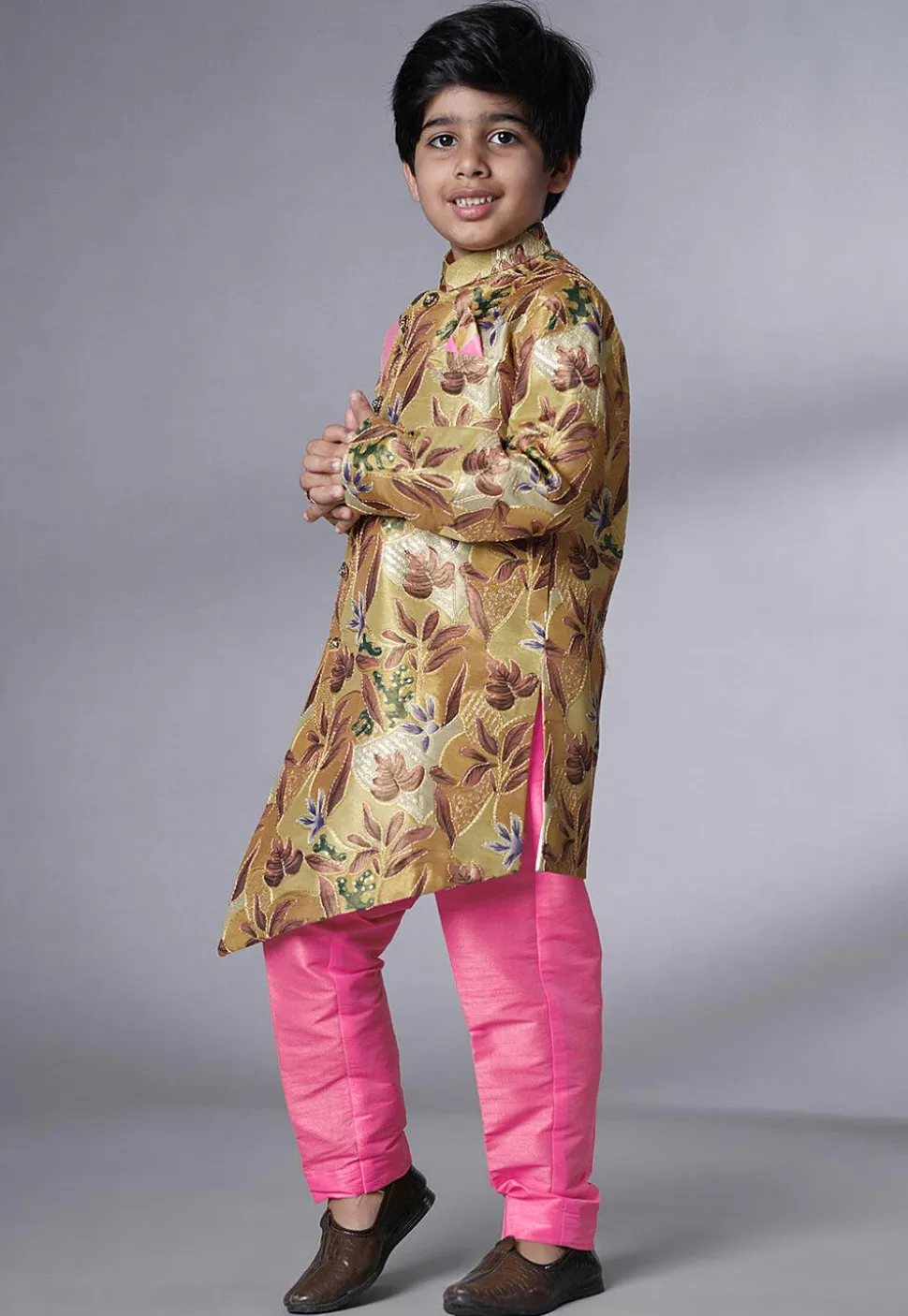 Digital Printed Dupion Silk Sherwani Set in Beige and Pink