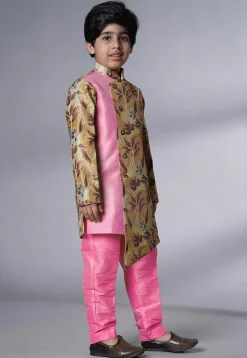 Digital Printed Dupion Silk Sherwani Set in Beige and Pink
