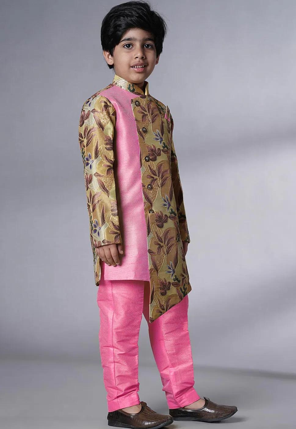 Digital Printed Dupion Silk Sherwani Set in Beige and Pink