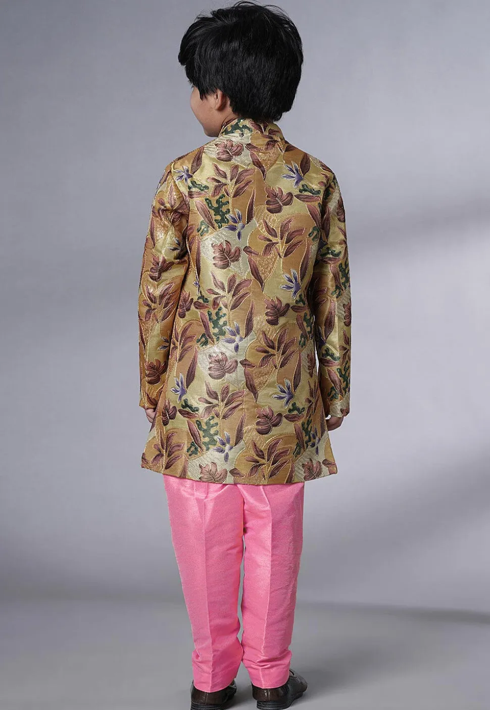 Digital Printed Dupion Silk Sherwani Set in Beige and Pink