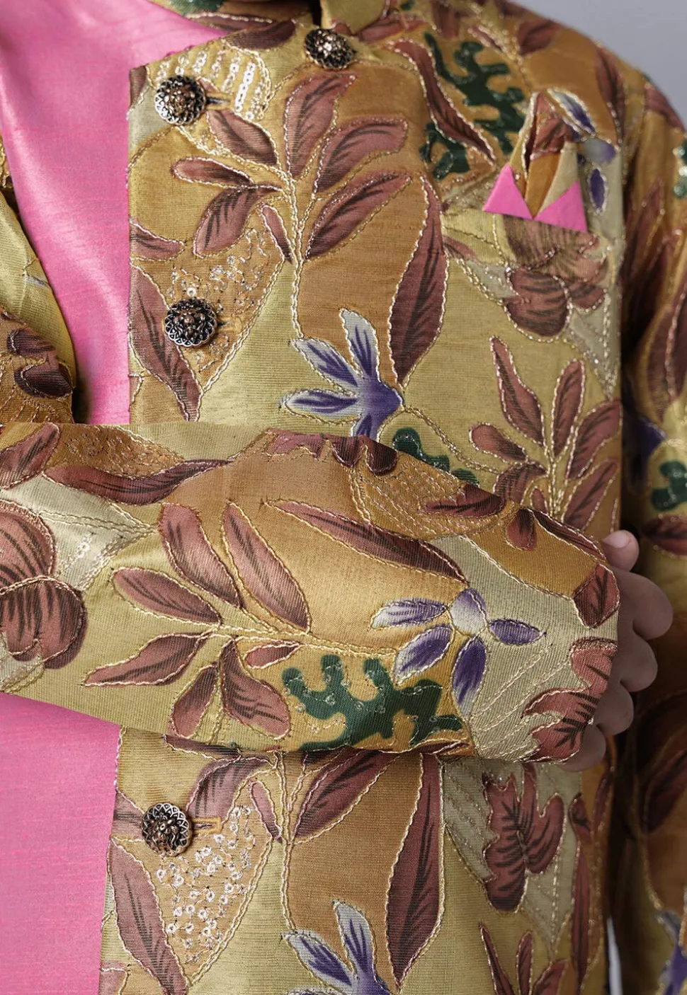 Digital Printed Dupion Silk Sherwani Set in Beige and Pink