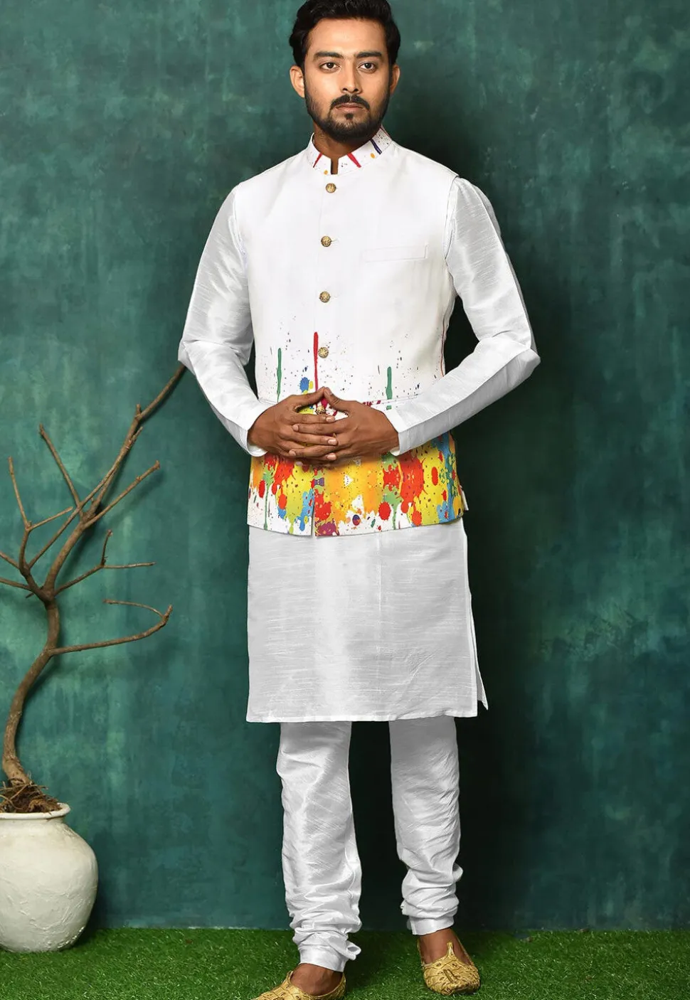 Digital Printed Dupion Silk Jacket Kurta Set in White
