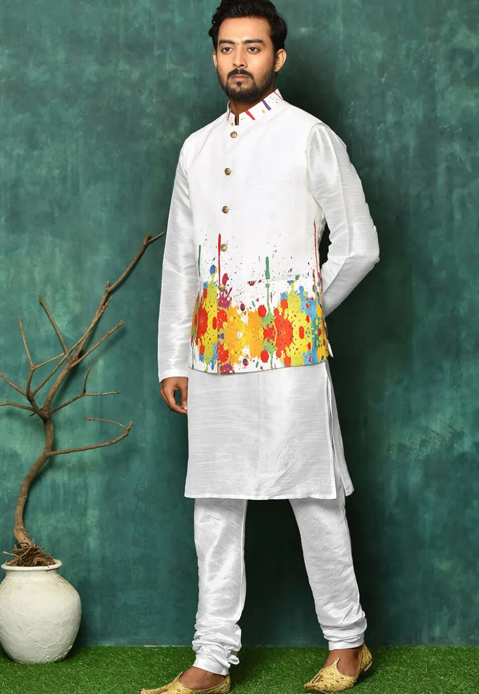 Digital Printed Dupion Silk Jacket Kurta Set in White