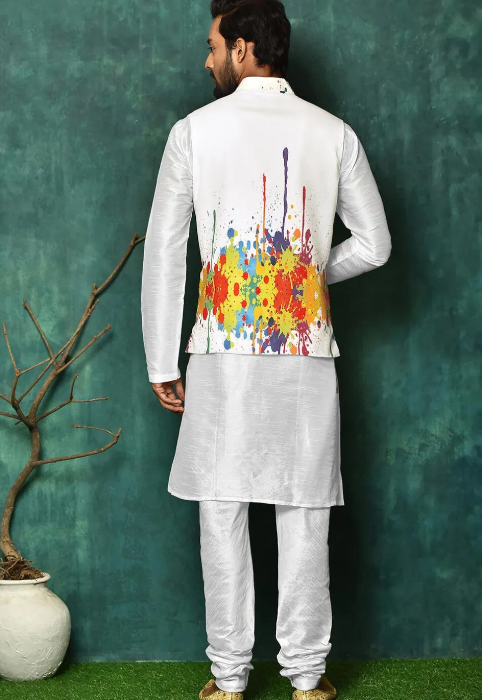Digital Printed Dupion Silk Jacket Kurta Set in White