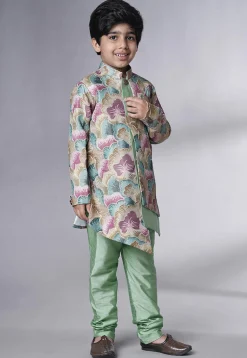 Digital Printed Dupion Silk Sherwani Set in Multicolor