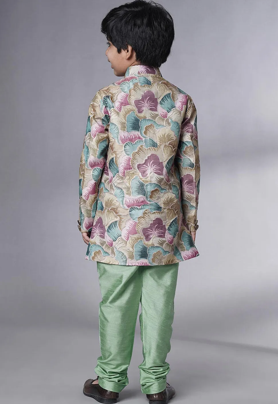 Digital Printed Dupion Silk Sherwani Set in Multicolor