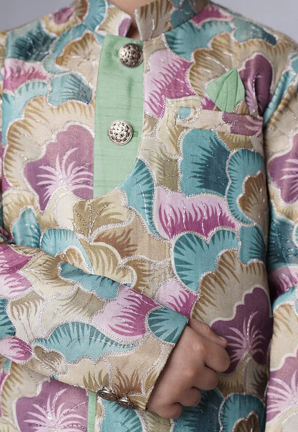 Digital Printed Dupion Silk Sherwani Set in Multicolor