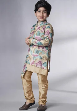 Digital Printed Dupion Silk Sherwani Set in Multicolor