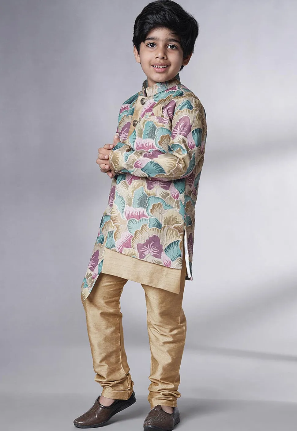Digital Printed Dupion Silk Sherwani Set in Multicolor