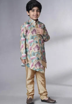 Digital Printed Dupion Silk Sherwani Set in Multicolor