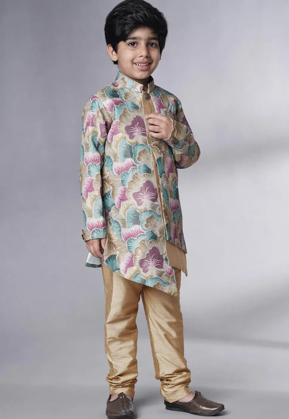 Digital Printed Dupion Silk Sherwani Set in Multicolor