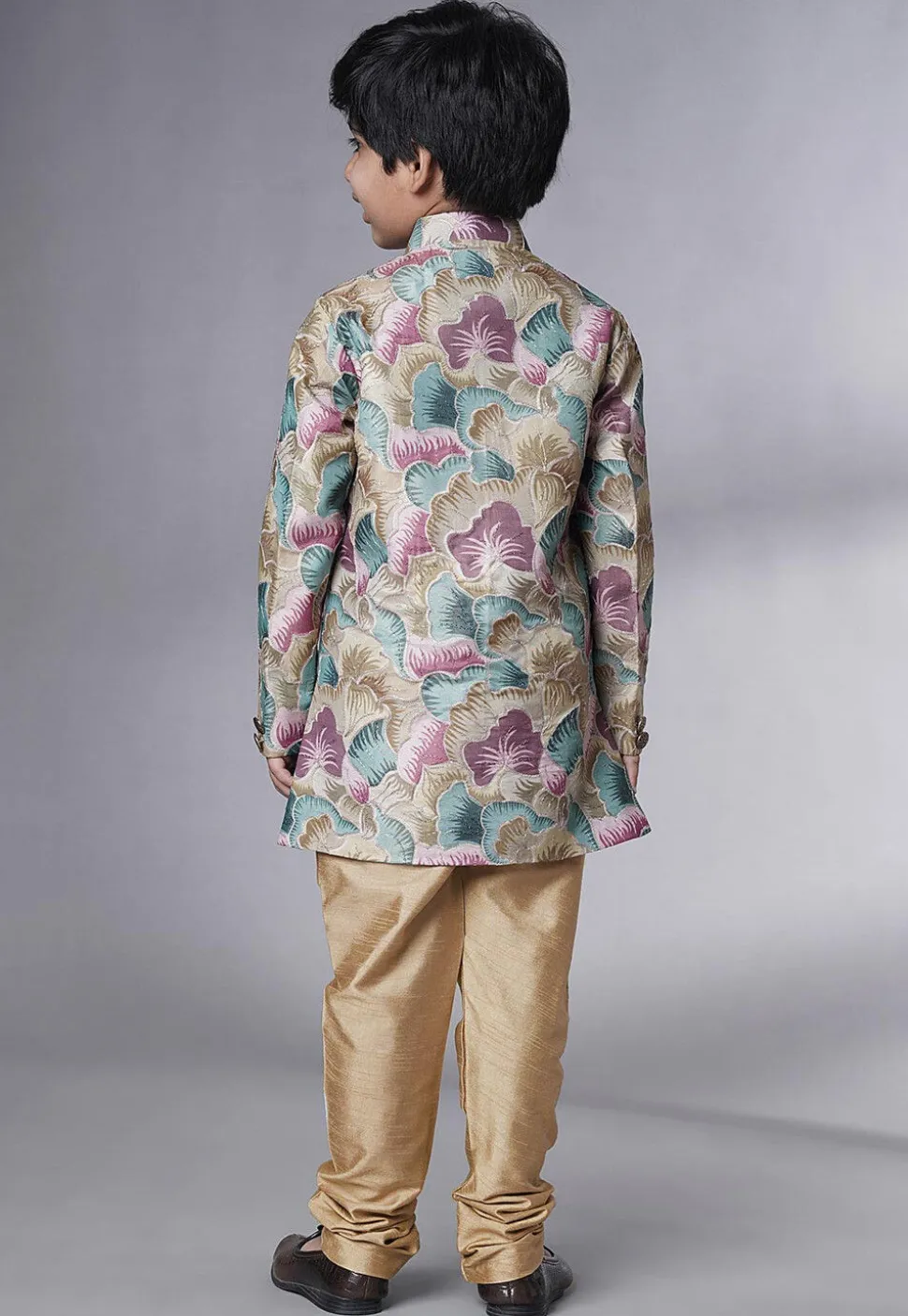 Digital Printed Dupion Silk Sherwani Set in Multicolor