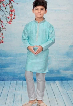 Digital Printed Dupion Silk Kurta Set in Sky Blue