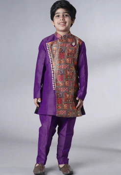 Digital Printed Dupion Silk Sherwani in Dark Purple
