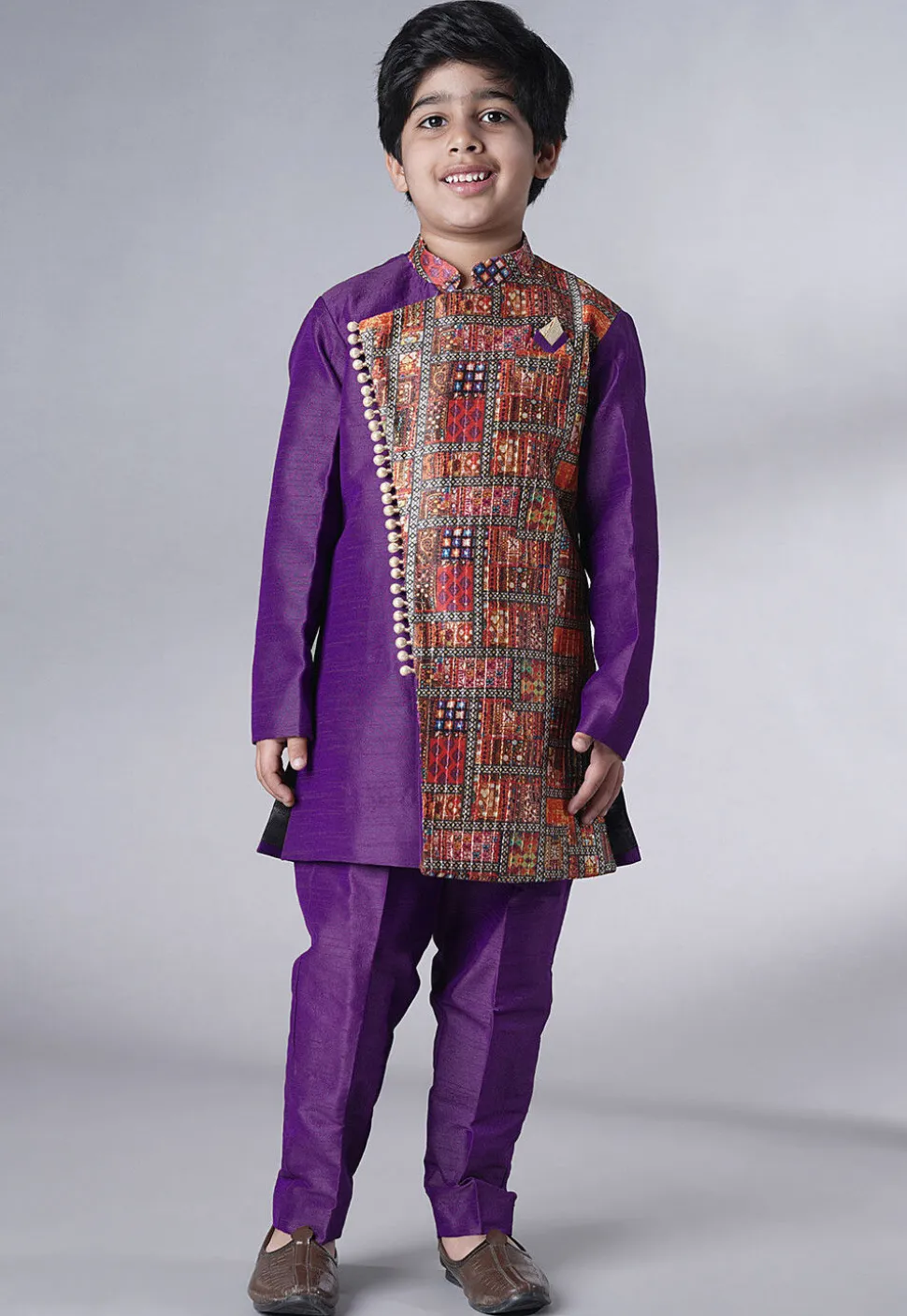 Digital Printed Dupion Silk Sherwani in Dark Purple
