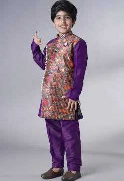 Digital Printed Dupion Silk Sherwani in Dark Purple