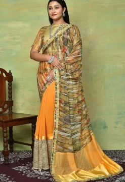 Digital Printed Georgette Saree in Orange and Multicolor