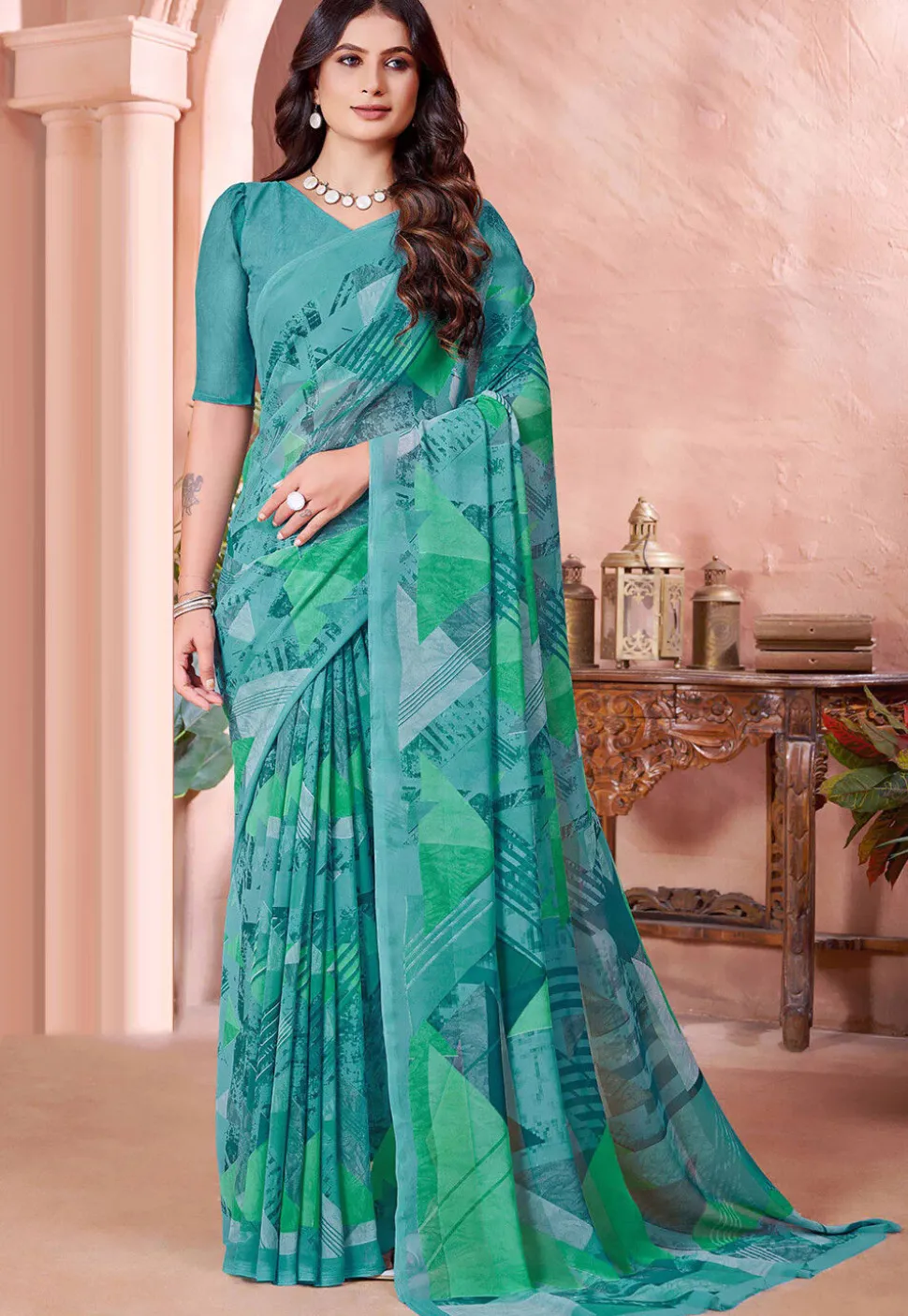 Digital Printed Georgette Saree in Teal Green