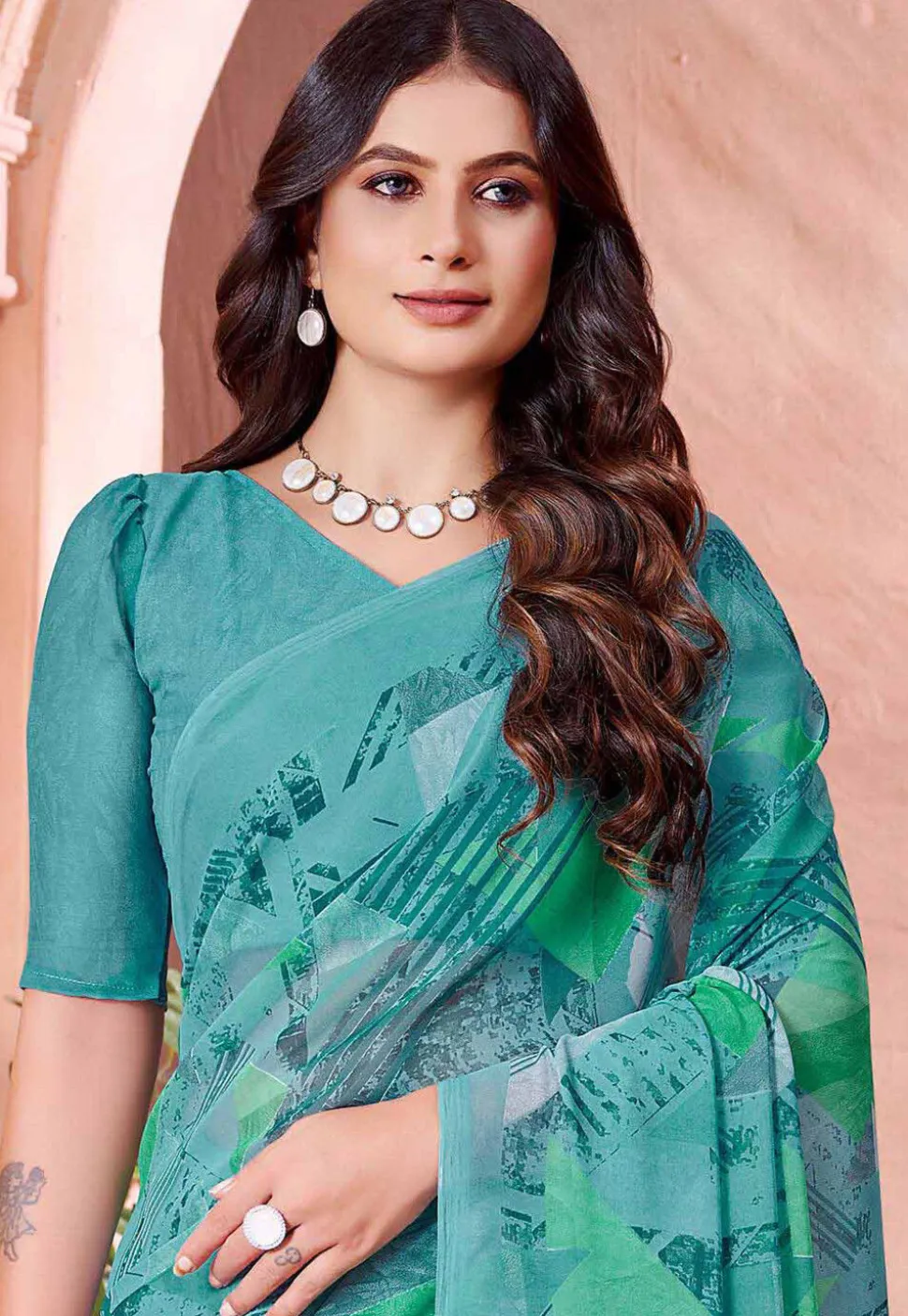 Digital Printed Georgette Saree in Teal Green