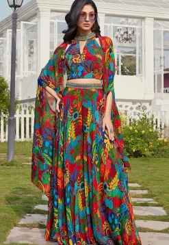 Digital Printed Georgette Crop Top Set in Multicolor