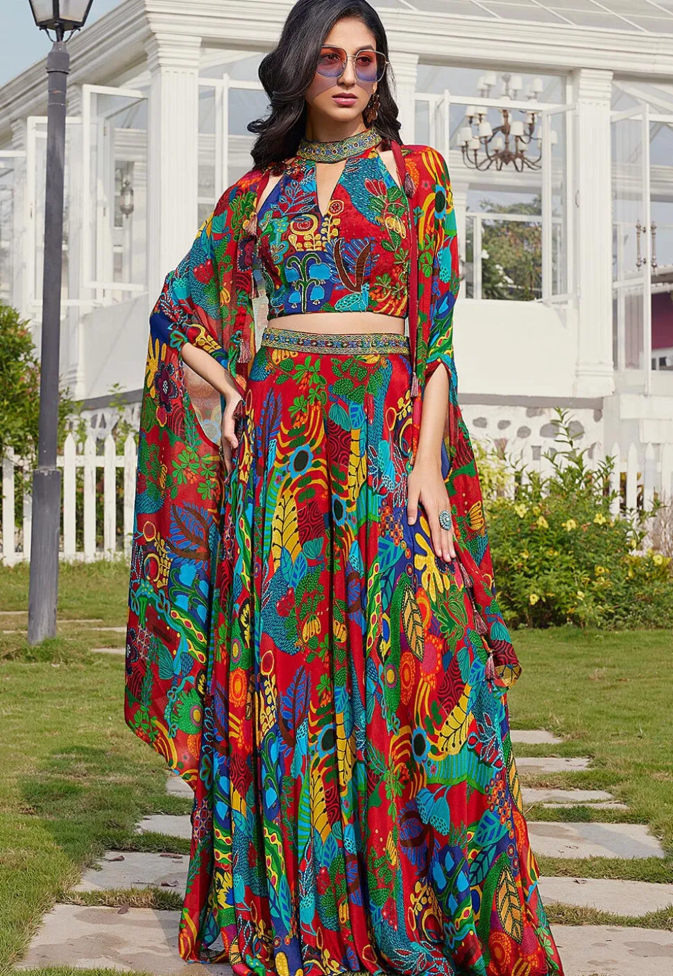 Digital Printed Georgette Crop Top Set in Multicolor