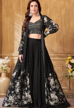 Digital Printed Georgette Crop Top Set in Black
