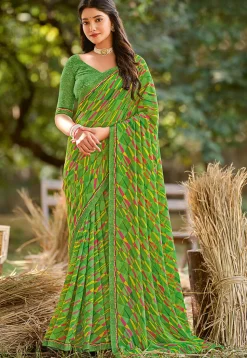 Digital Printed Georgette Saree in Light Green
