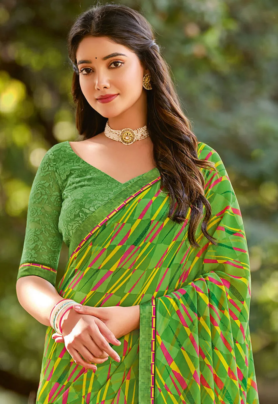 Digital Printed Georgette Saree in Light Green