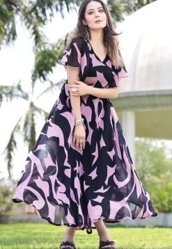 Digital Printed Georgette Maxi Dress in Navy Blue and Pink