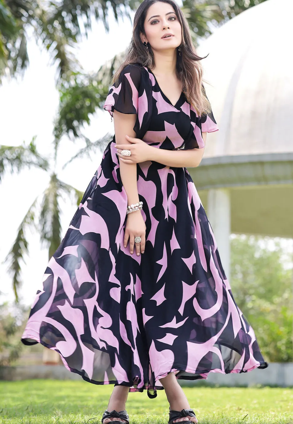Digital Printed Georgette Maxi Dress in Navy Blue and Pink