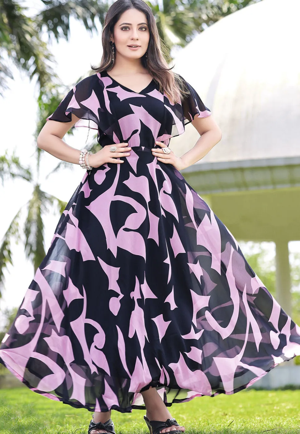 Digital Printed Georgette Maxi Dress in Navy Blue and Pink