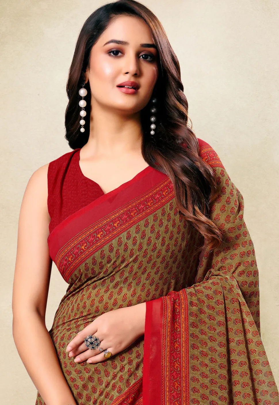 Digital Printed Georgette Saree in Beige