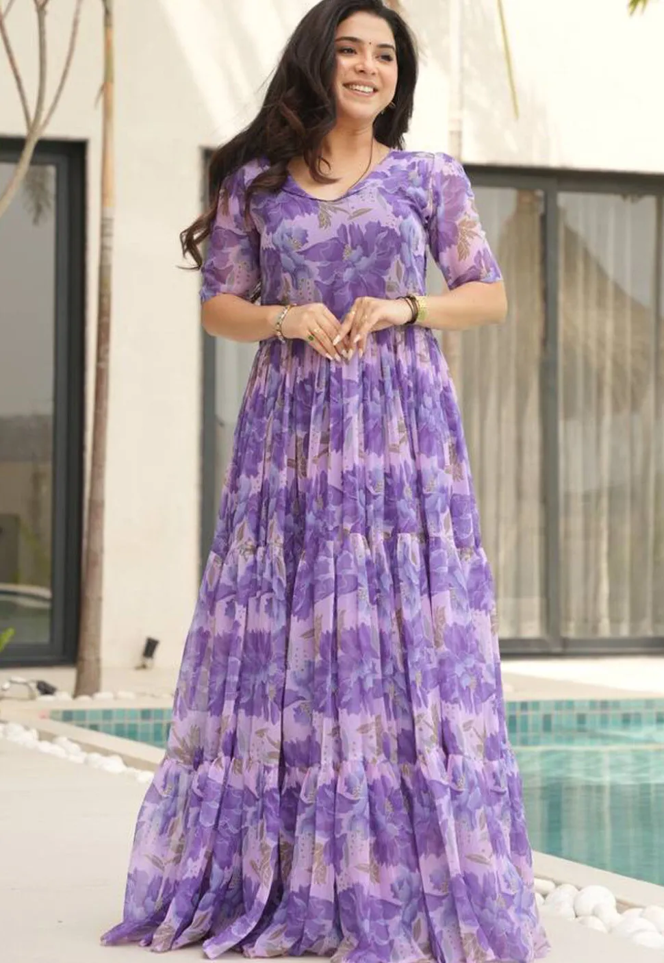 Digital Printed Georgette Tiered Gown in Purple