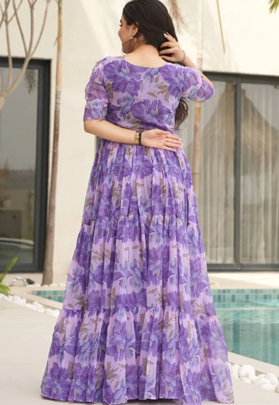 Digital Printed Georgette Tiered Gown in Purple
