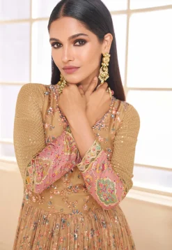 Digital Printed Georgette Abaya Style Suit in Beige