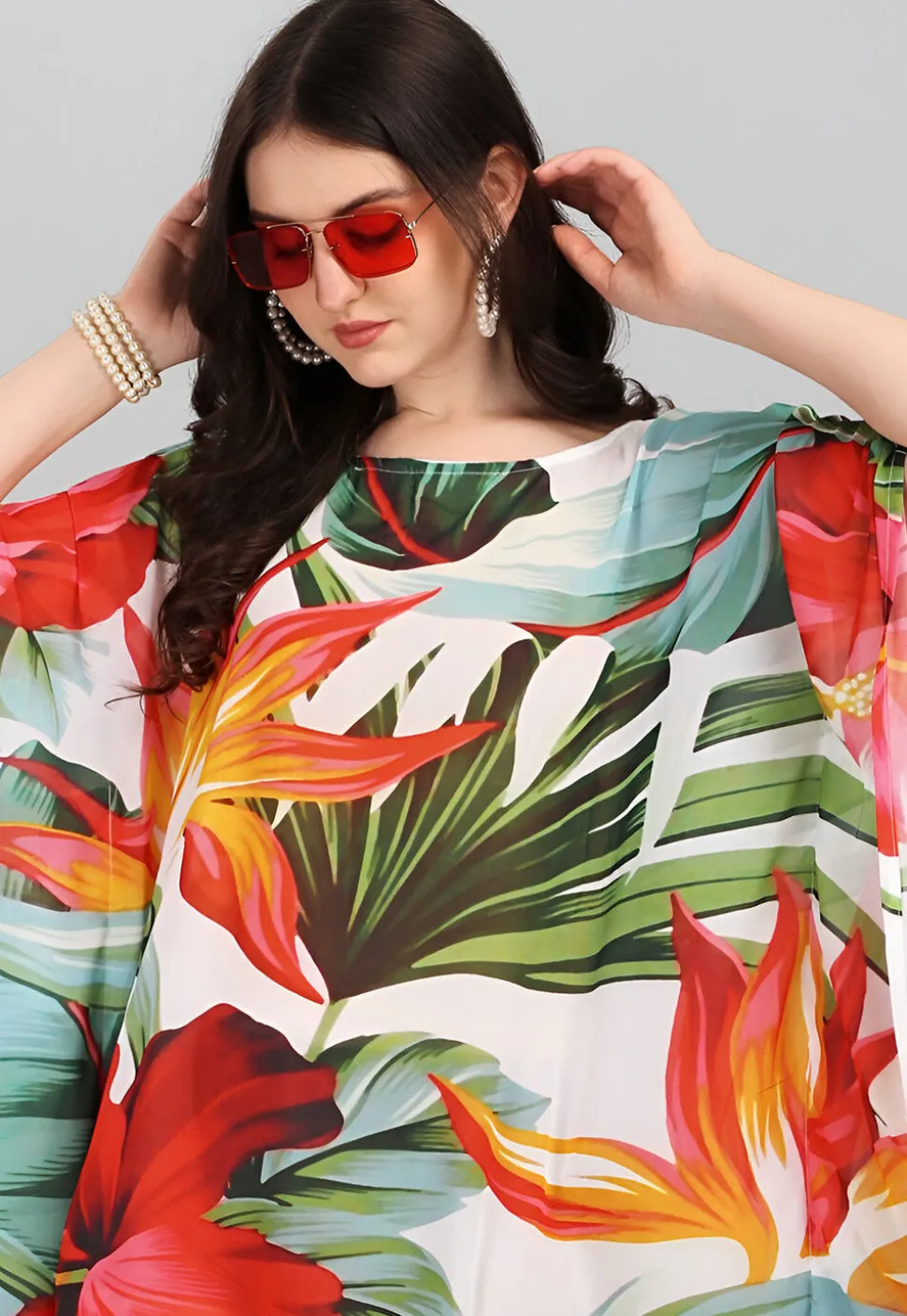Digital Printed Georgette Kaftan in Off White