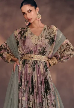 Digital Printed Georgette Abaya Style Kameez in Purple and Beige