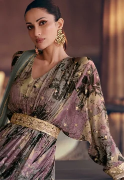 Digital Printed Georgette Abaya Style Kameez in Purple and Beige