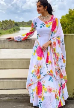 Digital Printed Georgette Anarkali Suit in Off White