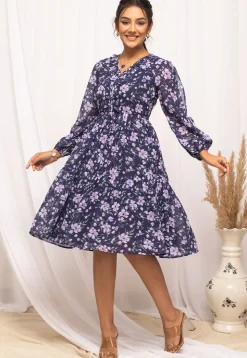 Digital Printed Georgette Short Dress in Navy Blue