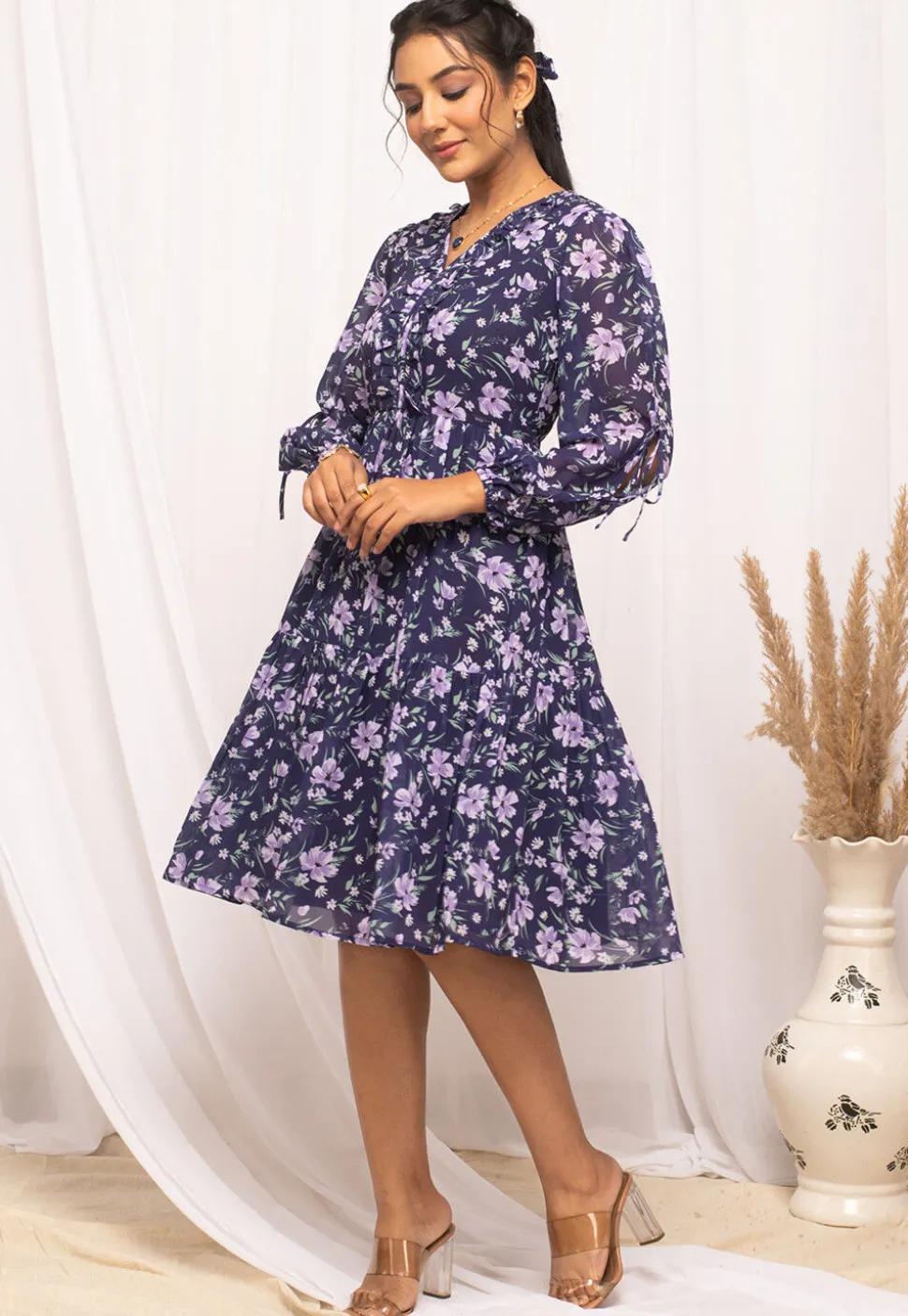 Digital Printed Georgette Short Dress in Navy Blue
