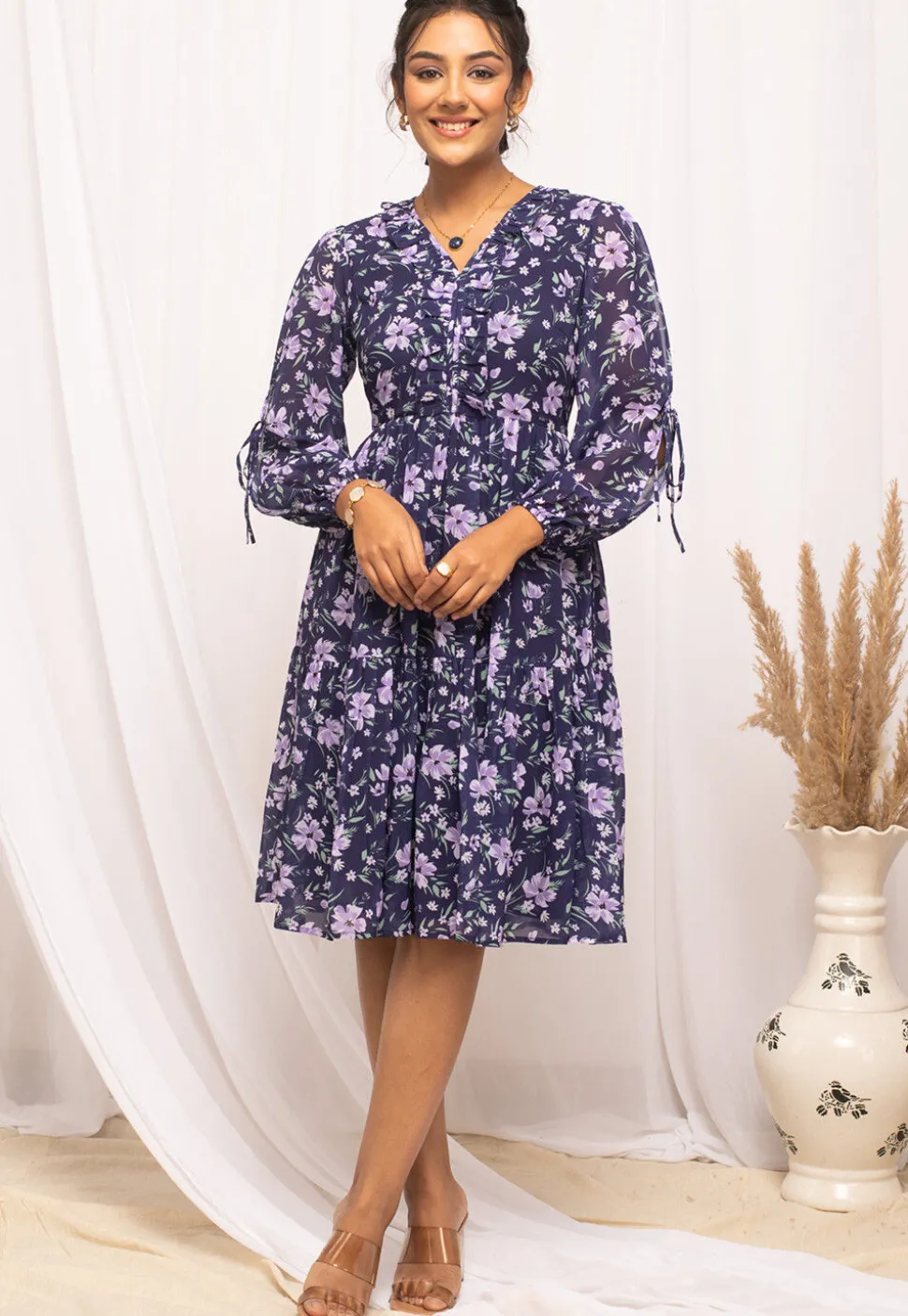 Digital Printed Georgette Short Dress in Navy Blue
