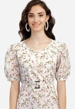 Digital Printed Georgette Aline Dress in Off White