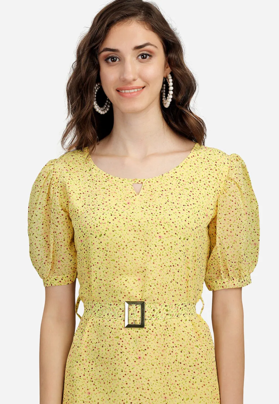 Digital Printed Georgette Aline Dress in Yellow
