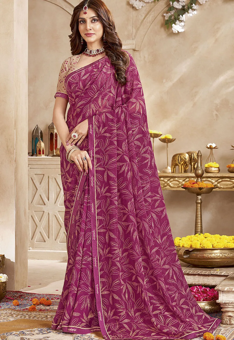 Digital Printed Georgette Saree in Magenta