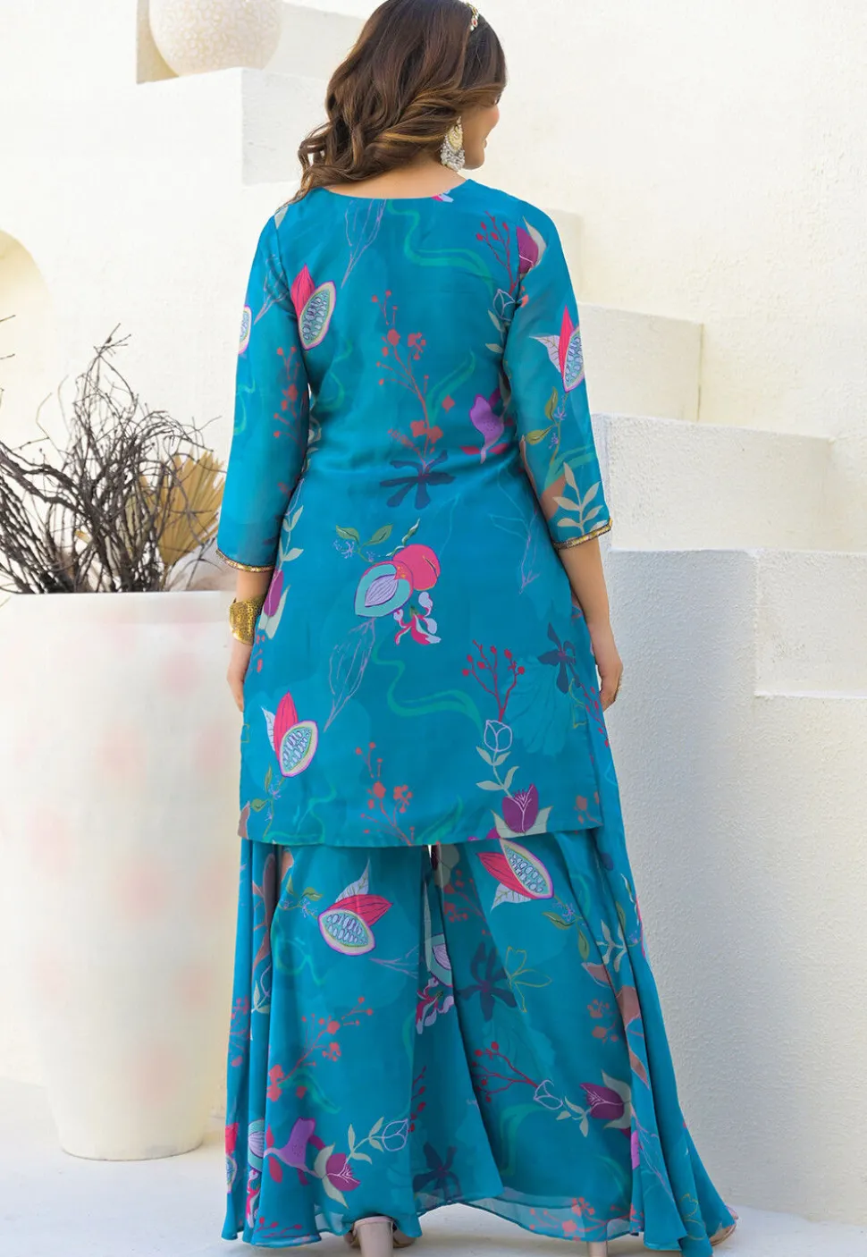 Digital Printed Georgette Pakistani Suit in Teal Blue