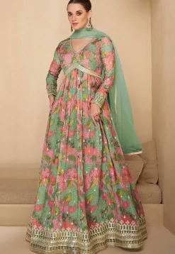 Digital Printed Georgette Abaya Style Suit in Dusty Green and Pink