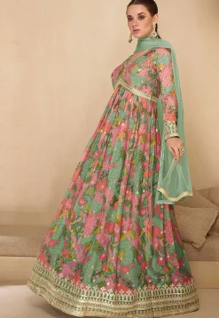 Digital Printed Georgette Abaya Style Suit in Dusty Green and Pink